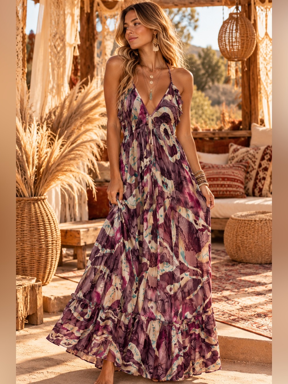 Karma Highway NWT Boho V-Neck Purple Print Maxi Dress OS
